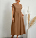 Women's Maxi Dress - Long Airy Fit - Round Neck - Short Sleeves - Casual Elegance