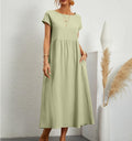 Women's Maxi Dress - Long Airy Fit - Round Neck - Short Sleeves - Casual Elegance