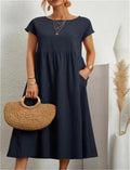 Women's Maxi Dress - Long Airy Fit - Round Neck - Short Sleeves - Casual Elegance
