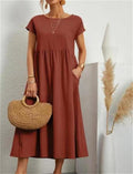 Women's Maxi Dress - Long Airy Fit - Round Neck - Short Sleeves - Casual Elegance