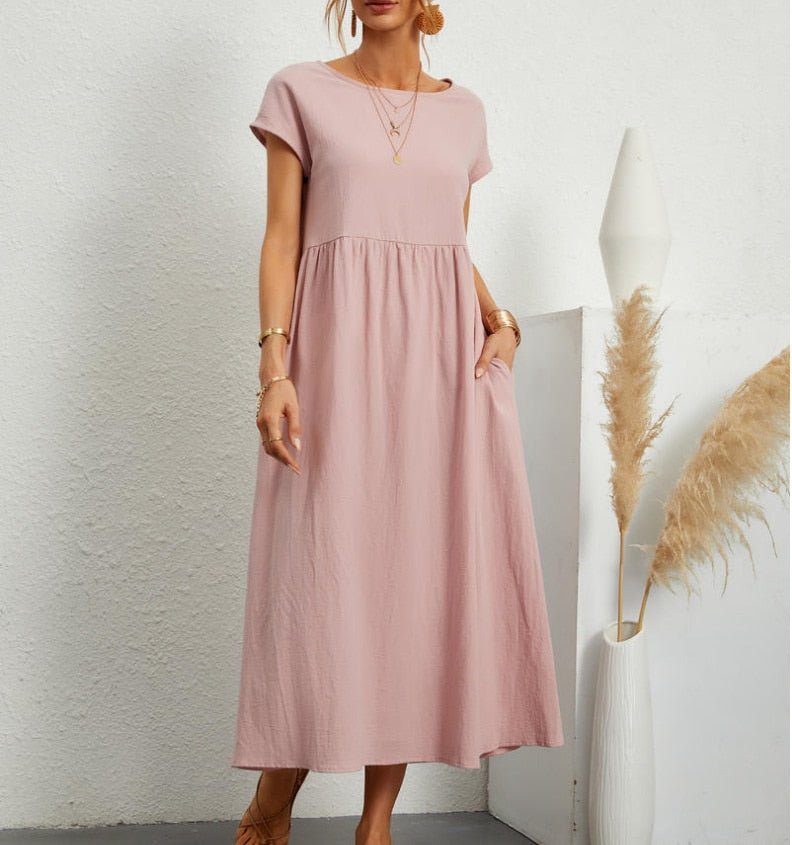 Women's Maxi Dress - Long Airy Fit - Round Neck - Short Sleeves - Casual Elegance