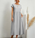 Women's Maxi Dress - Long Airy Fit - Round Neck - Short Sleeves - Casual Elegance