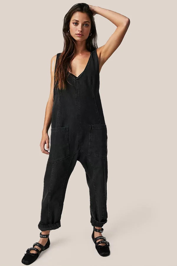 Loose Fit Sleeveless V-Neck Denim Jumpsuit