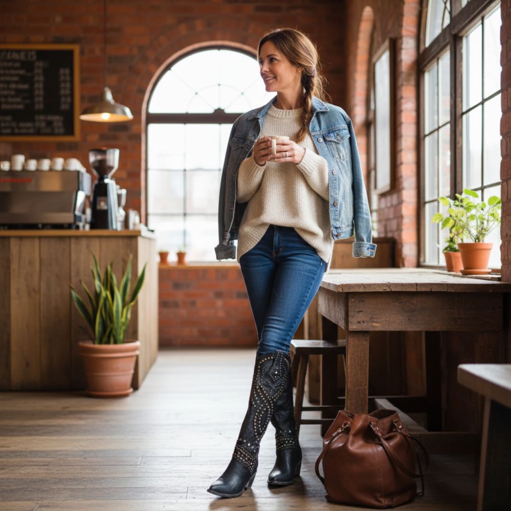 Leather Look Studded Knee-High Cowboy Boots
