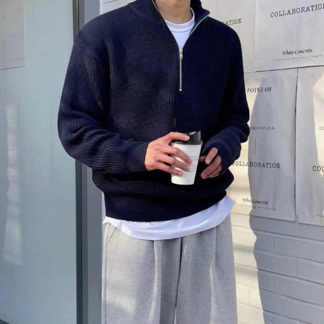 Men's Sweater with Half Zipper – Wool Blend – Relaxed Fit – Rib Knit Design