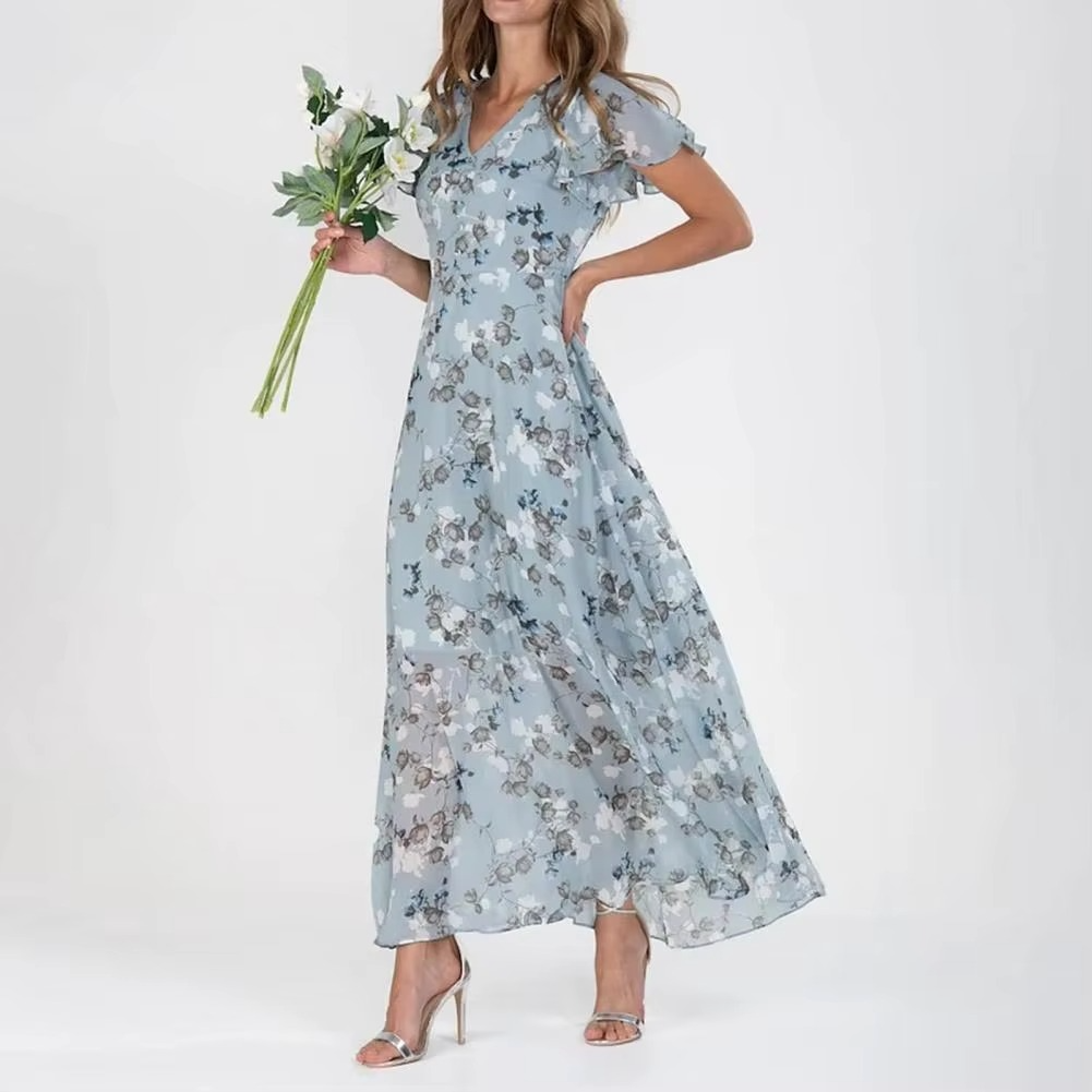 Women's Maxi Dress - Floral Pattern - V-Neck - Short Ruffle Sleeves - Elegant and Airy