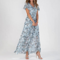 Women's Maxi Dress - Floral Pattern - V-Neck - Short Ruffle Sleeves - Elegant and Airy