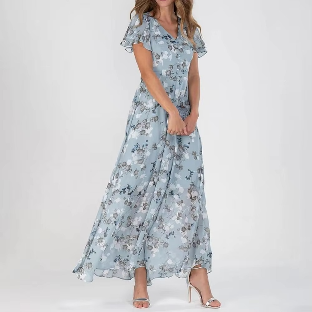 Women's Maxi Dress - Floral Pattern - V-Neck - Short Ruffle Sleeves - Elegant and Airy