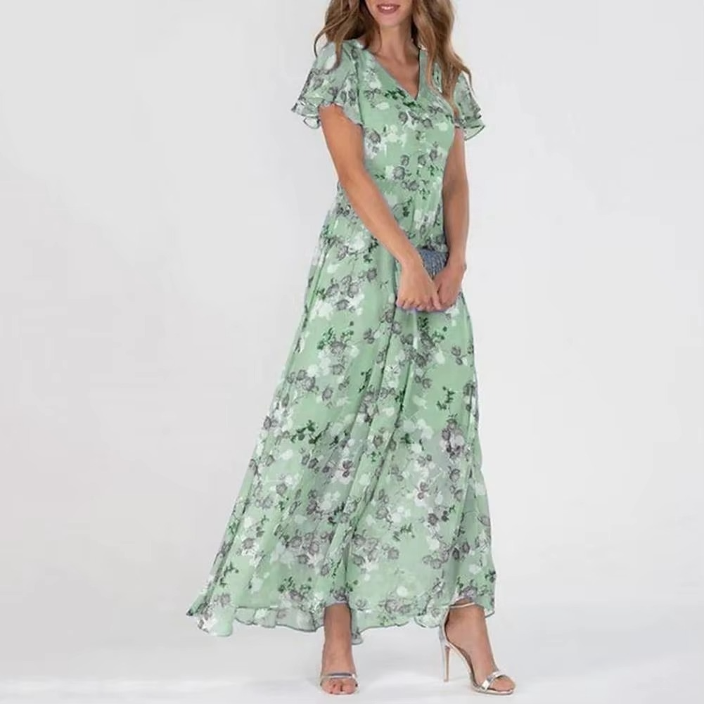 Women's Maxi Dress - Floral Pattern - V-Neck - Short Ruffle Sleeves - Elegant and Airy