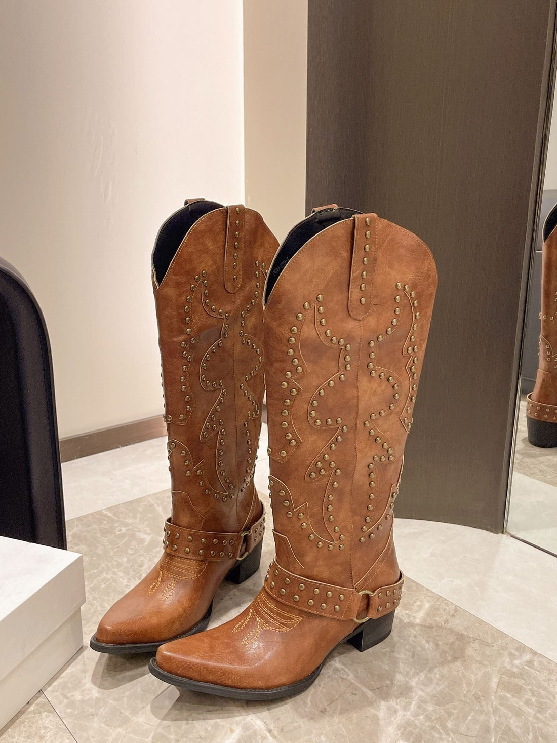 Faux Leather Knee-High Pointed Toe Studded Boots