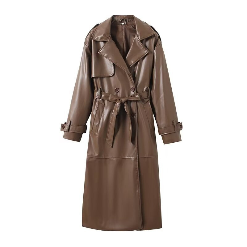 Faux Leather Maxi Notched Trench Coat