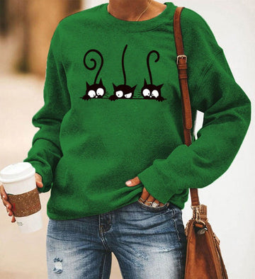 Oversized Cat Print Crewneck Sweatshirt