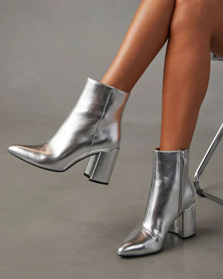 Pointed Toe Flared Block Heel Ankle Boots