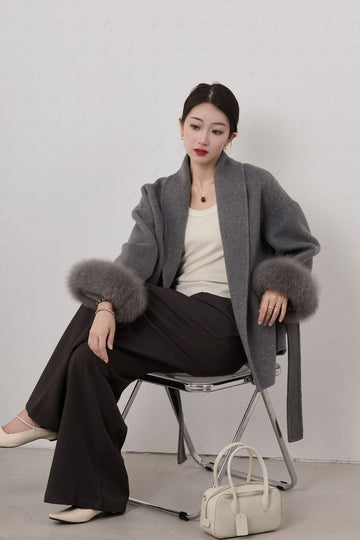 Wrap Fit Wool Blend Shawl Collar Short Coat