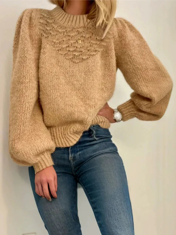 Wool Knit Lantern Sleeve Relaxed Fit Sweater