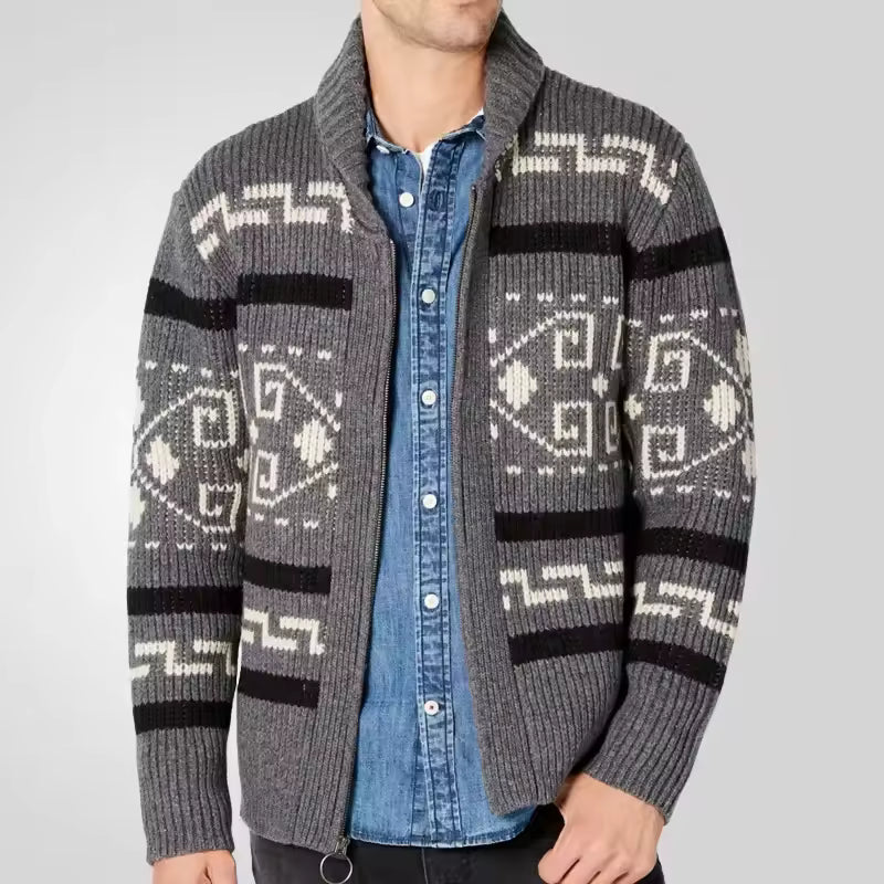 Shawl Collar Patterned Sleeve Wool Knit Cardigan