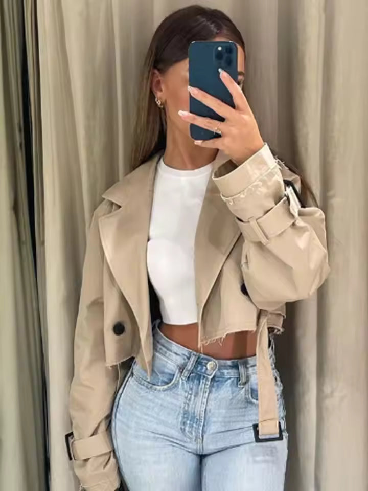 Cropped Cotton Blend Frayed Hem Trench Coat