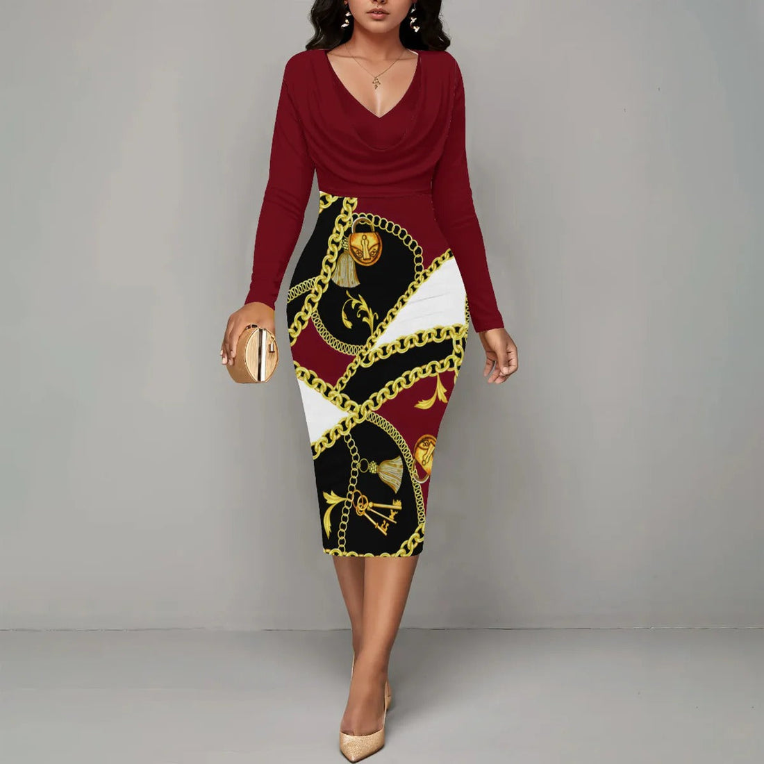 Chain Print Fitted Wrap Midi Dress