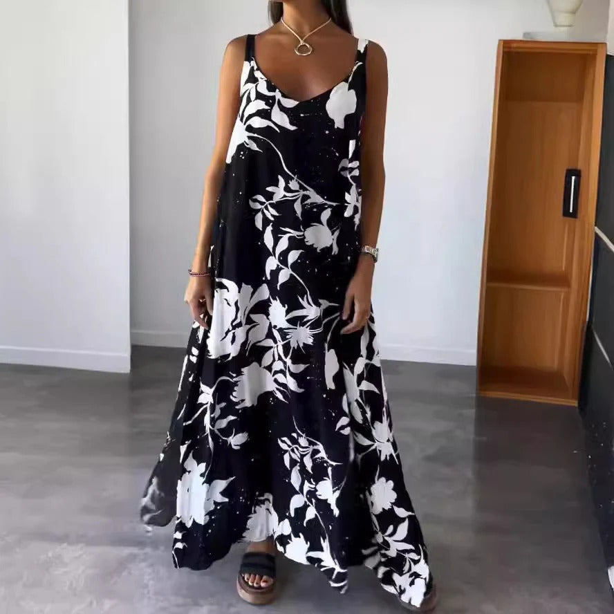Floral Print Deep V-Neck Maxi Dress