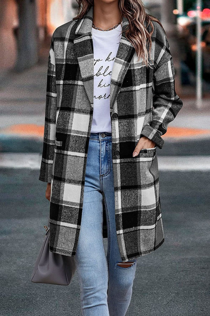 Oversized Plaid Notched Lapel Wool Coat