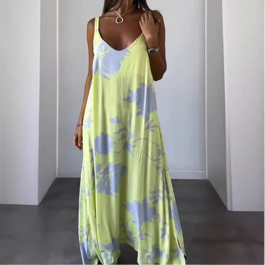 Floral Print Deep V-Neck Maxi Dress