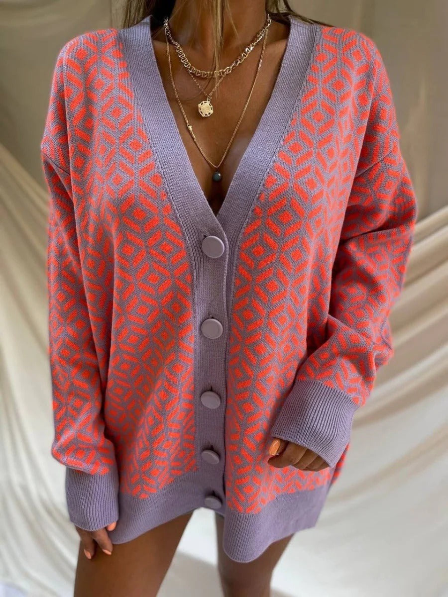 Wool Blend Geometric Knit Oversized Cardigan