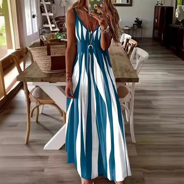 Vertical Stripe Flowing Sleeveless Maxi Dress