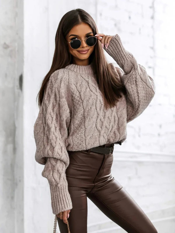 Wool Blend Cable Knit Oversized Pullover Sweater
