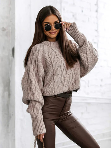 Wool Blend Cable Knit Oversized Pullover Sweater