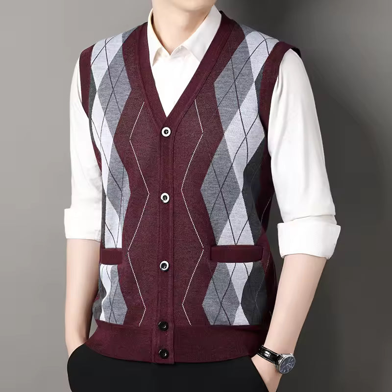 Wool Blend Slim Fit Checkered Knitted Vest