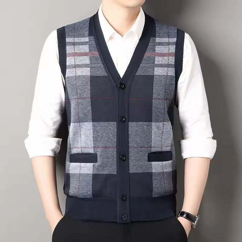 Wool Blend Slim Fit Checkered Knitted Vest