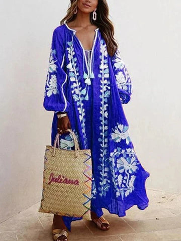 Floral Embroidered Breathable Cotton Feel Kaftan Dress