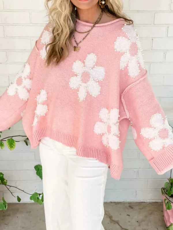 Beaded Floral Wool Blend Pullover Sweater