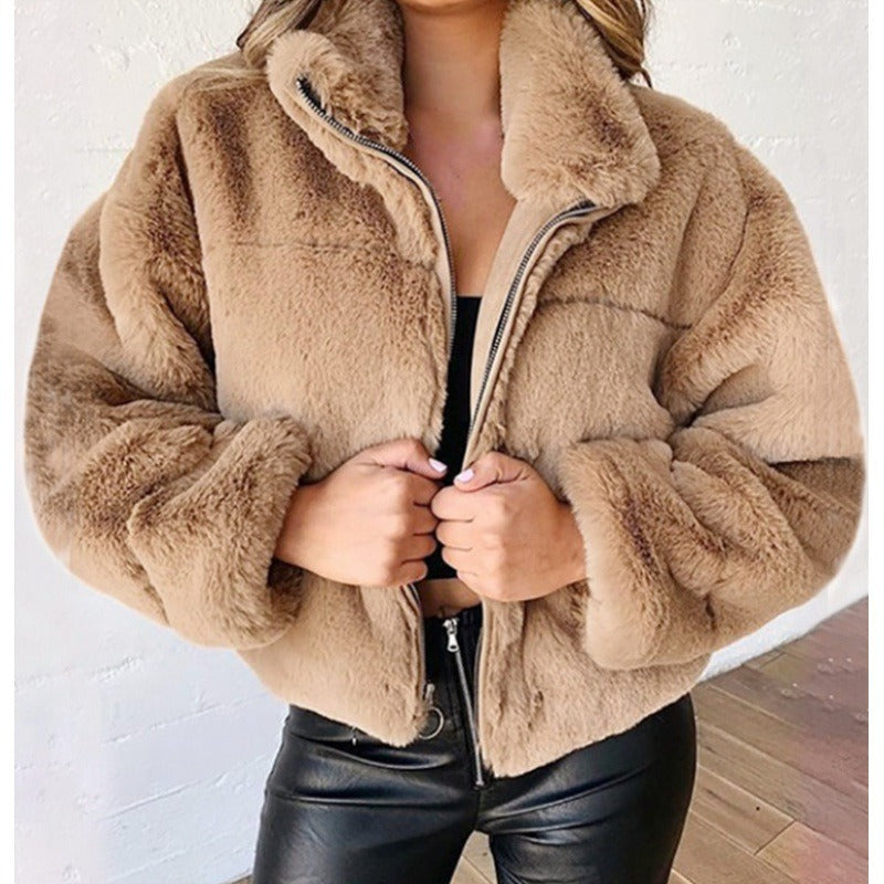 Cropped Oversized Zip Front Faux Fur Coat