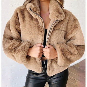 Cropped Oversized Zip Front Faux Fur Coat