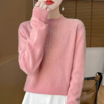 Embellished Diamond High Neck Wool Sweater