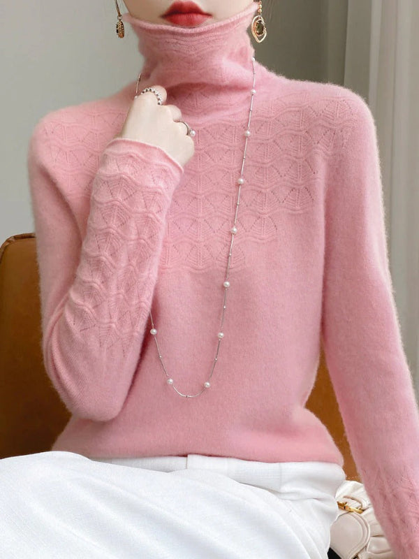 Hollow Knit Wool Blend Slim Fit Turtleneck Sweater