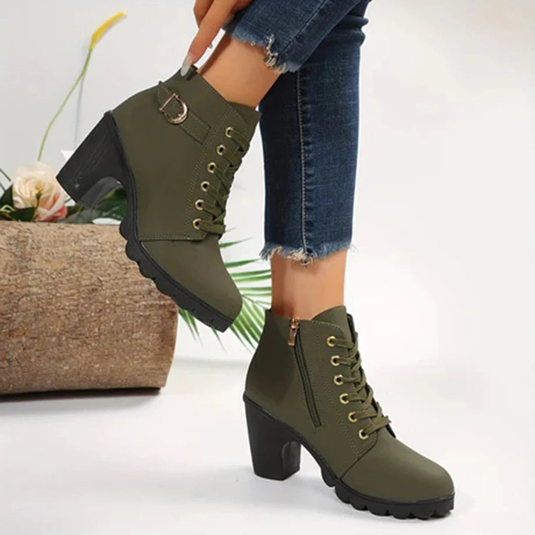 Chunky Sole Block Heel Lace-Up Ankle Boots