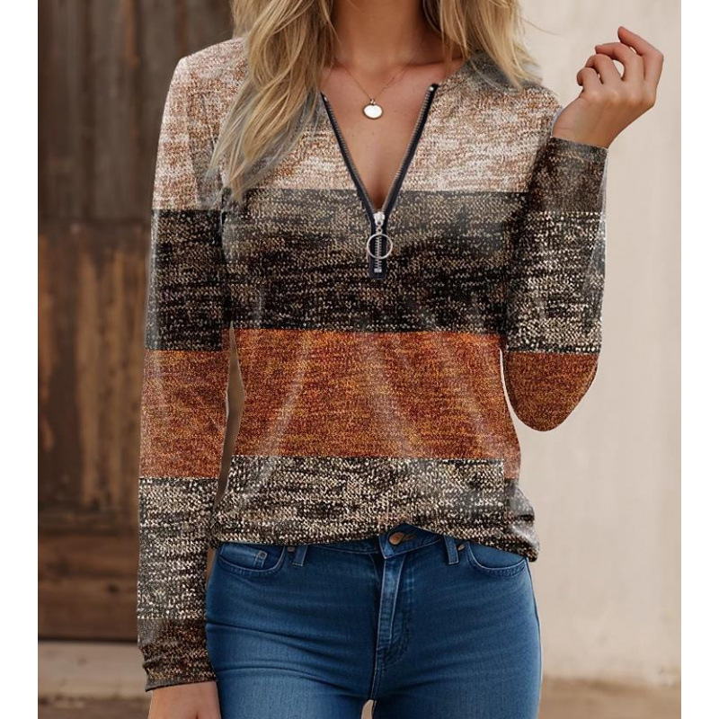 Spliced Stripe Knit Zipper Collar Shirt