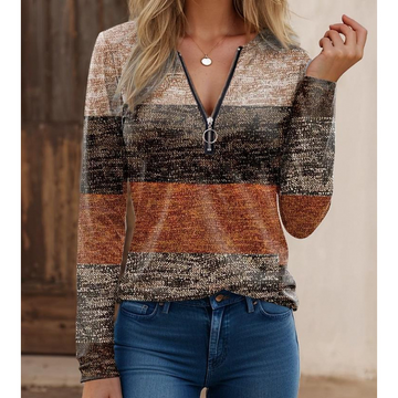 Spliced Stripe Knit Zipper Collar Shirt