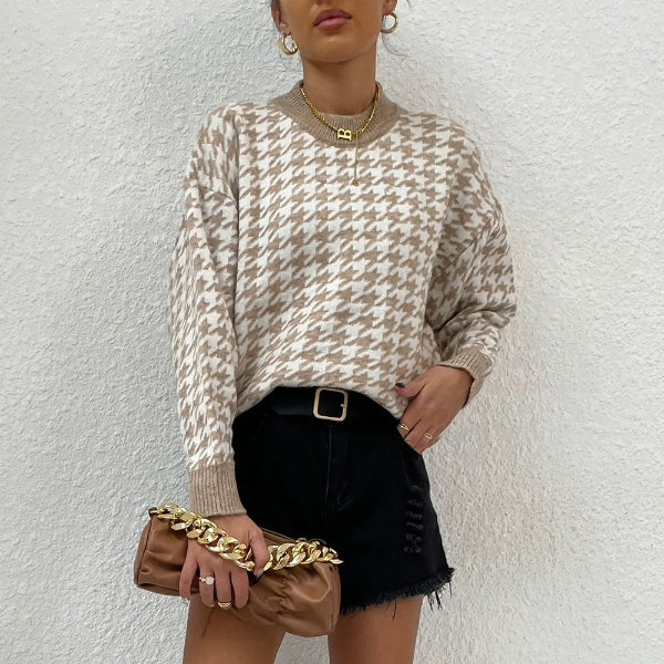 Wool Blend Houndstooth Relaxed Fit Pullover Sweater