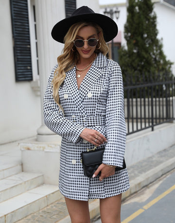 Mini Houndstooth Double-Breasted Blazer Dress