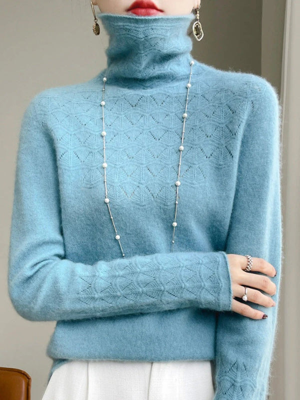 Hollow Knit Wool Blend Slim Fit Turtleneck Sweater