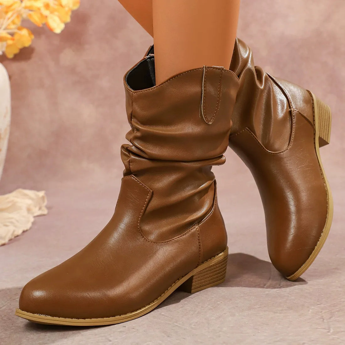 Slouch Shaft Stacked Heel Fashion Boots