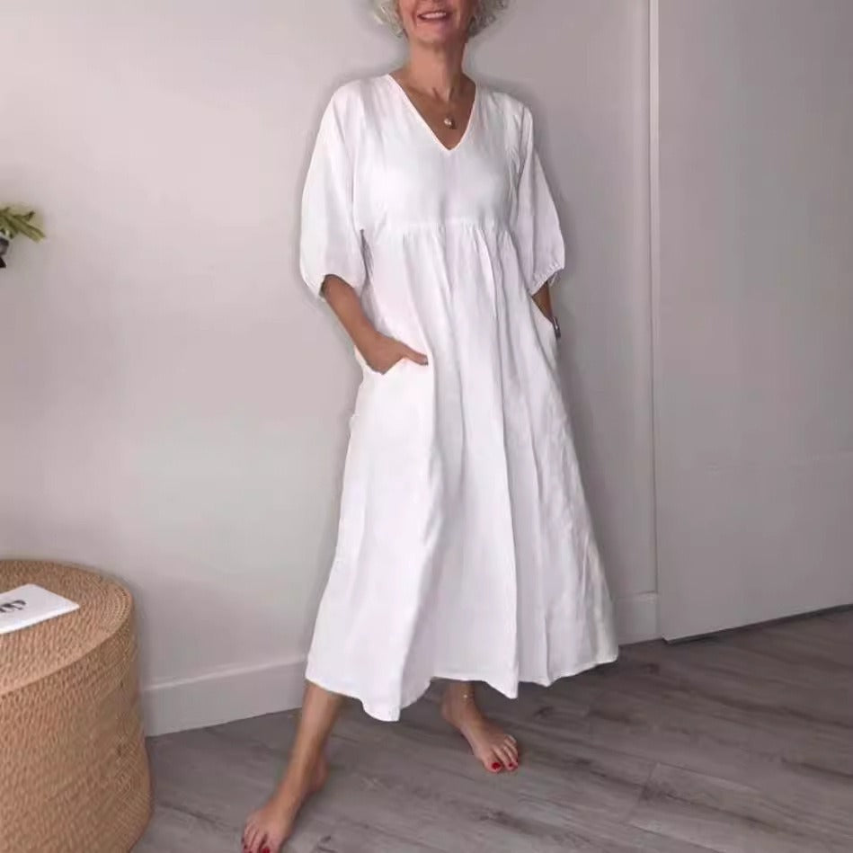Relaxed Cotton Linen Deep V-Neck Midi Dress