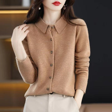 Wool Blend Polo Collar Cardigan Sweater