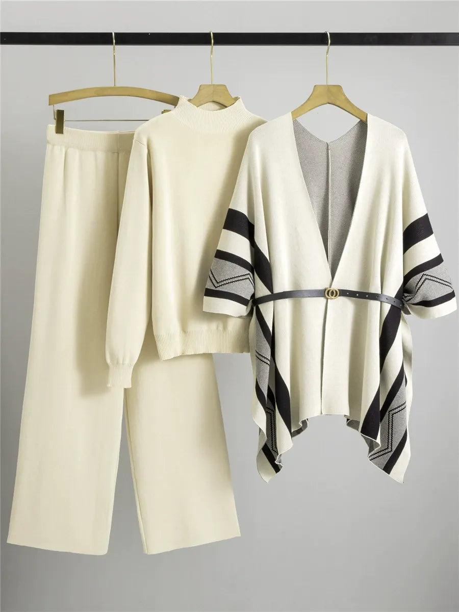 Three-Piece Belted Striped Sleeve Shawl Cardigan