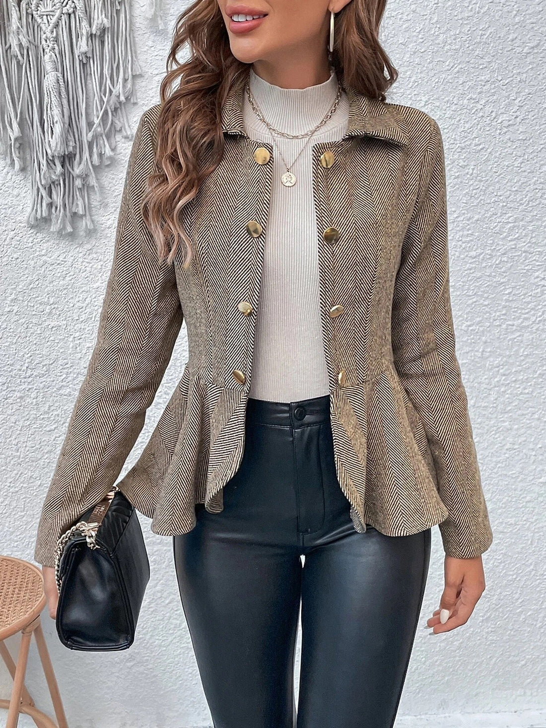 Jacquard Double-Breasted Peplum Suit Jacket