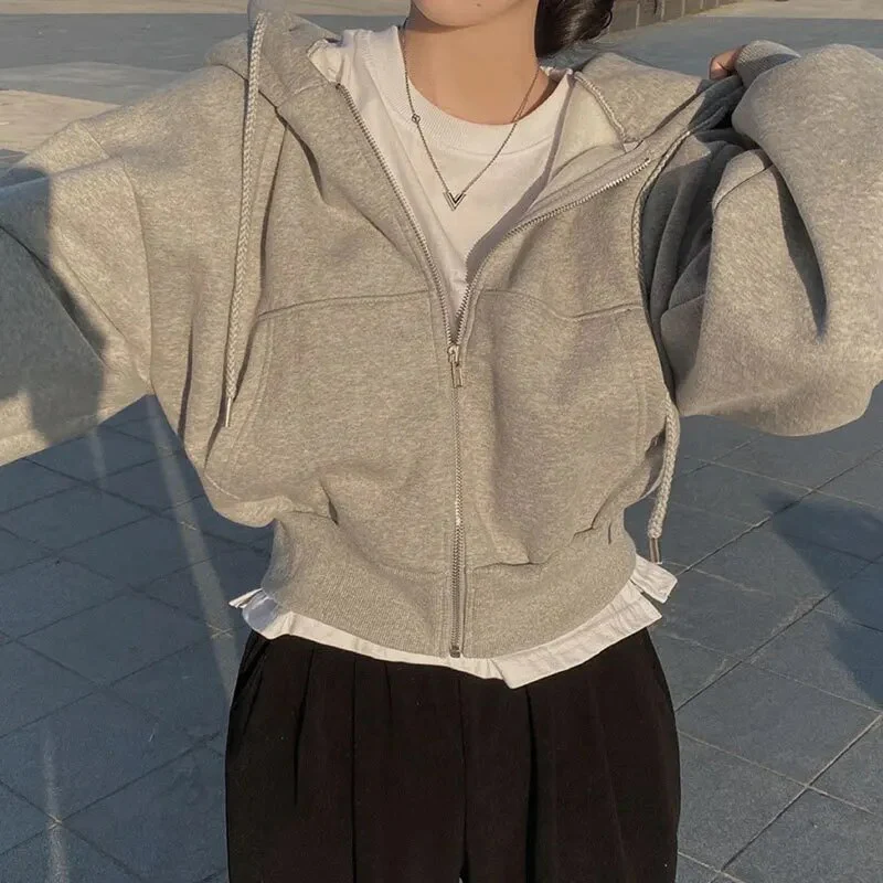 Oversized Cropped Soft Cotton Zip-Up Hoodie