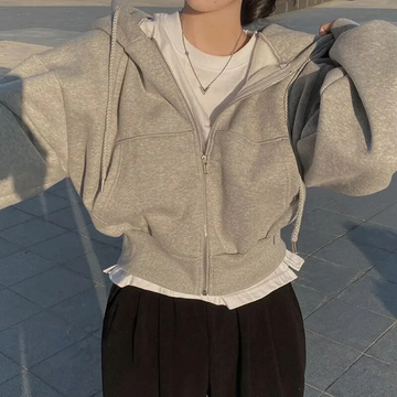Oversized Cropped Soft Cotton Zip-Up Hoodie